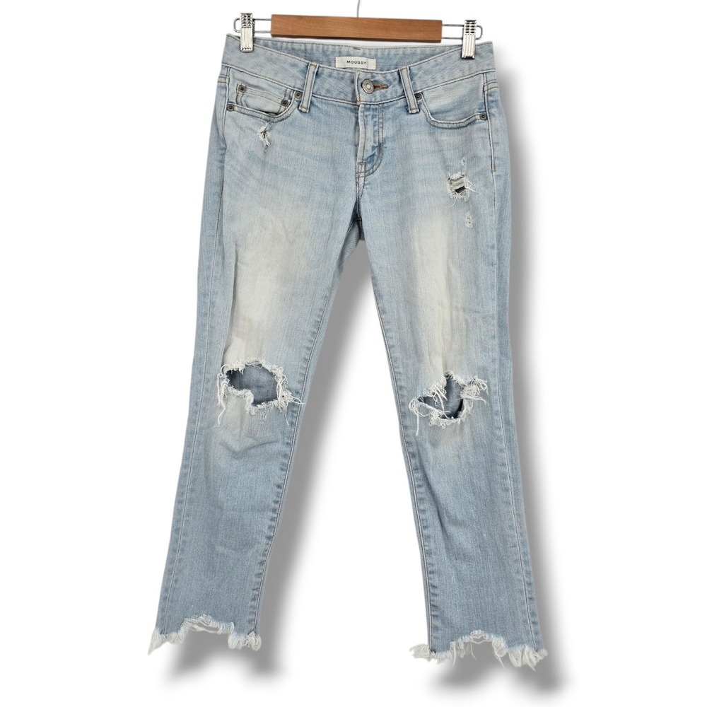 Moussy Distressed Skinny Jeans Light Wash Frayed Hem Womens Size 26